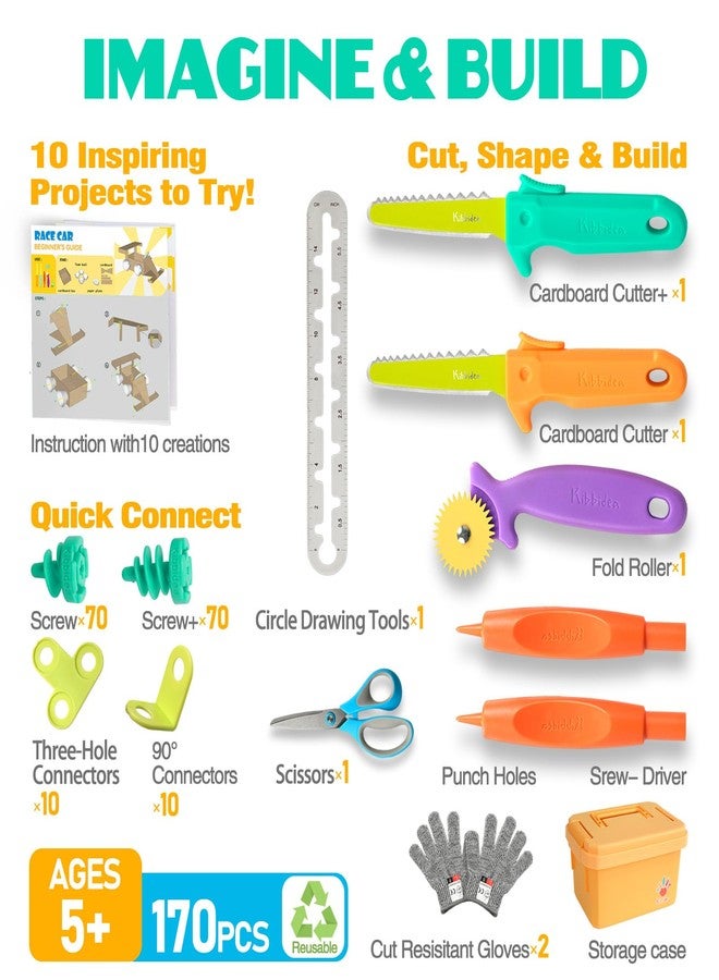 Kibbidea Cardboard Tools for Kids 170 Pcs, Resuable Cardboard Cutter for Family & Classrom Activities, STEM Educational Construction Building Kit Toys for Boys & Girls Ages 5+ (170 PCS) - Image 3